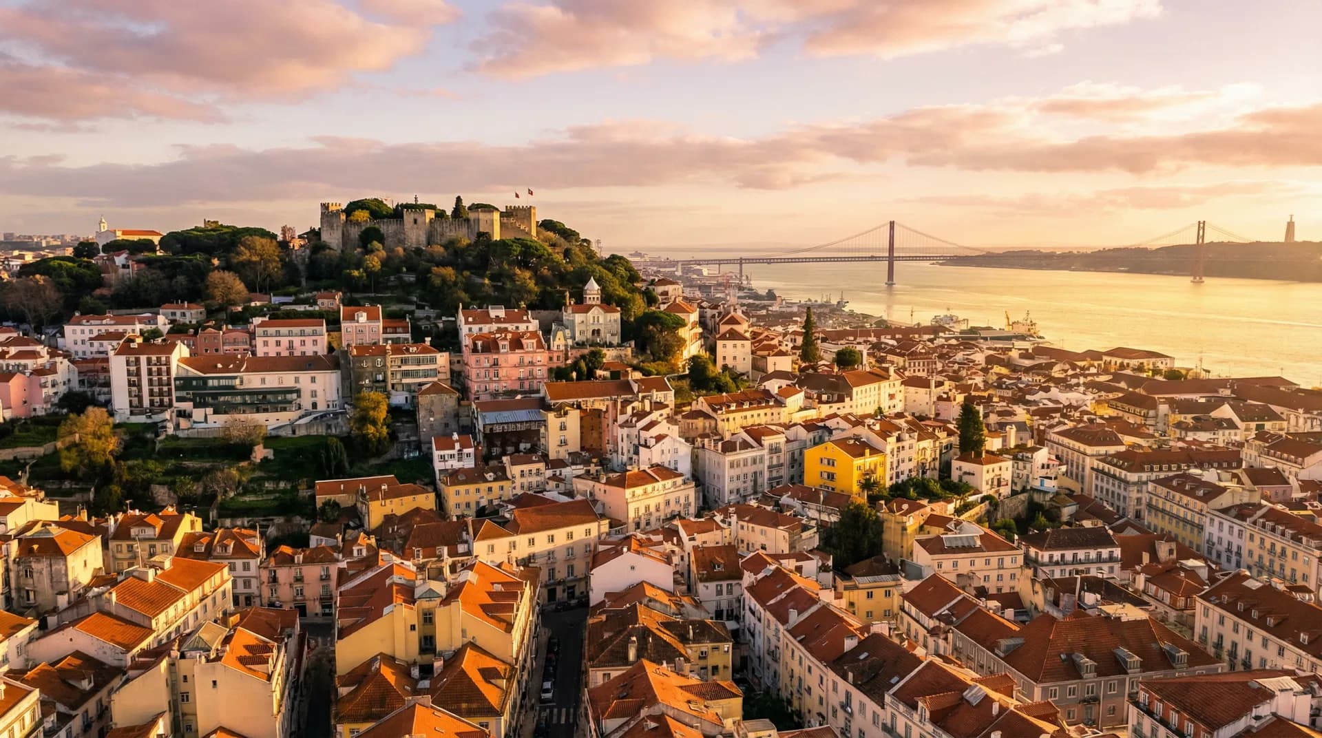 Panoramic view of Lisbon, Portugal at golden hour